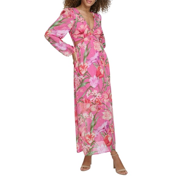 Siena Floral Long Sleeve Clip Dot Pink Maxi Dress Sz 16 - Picture 1 of 15